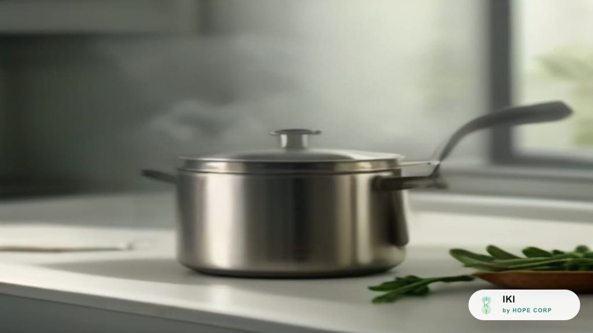 Nồi nước dùng trong đang bốc khói trên bếp bên rau thơm
