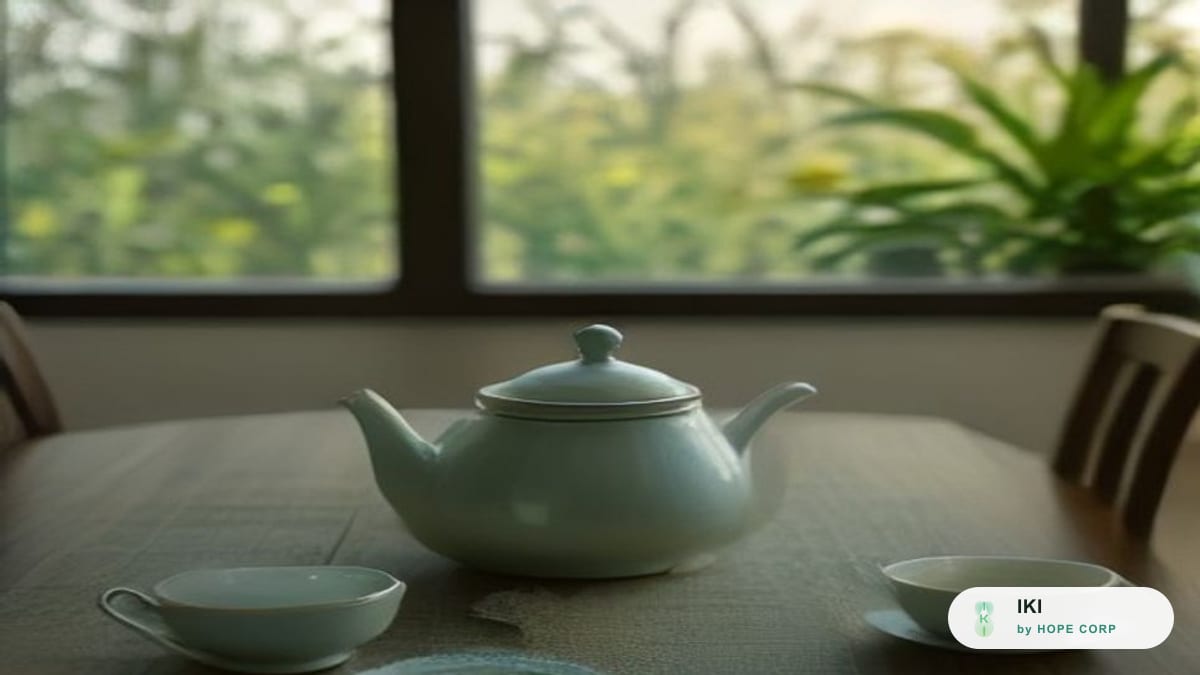 Ấm trà sứ lớn màu xanh nhạt cùng các chén trà trên bàn ăn gia đình cạnh cửa sổ