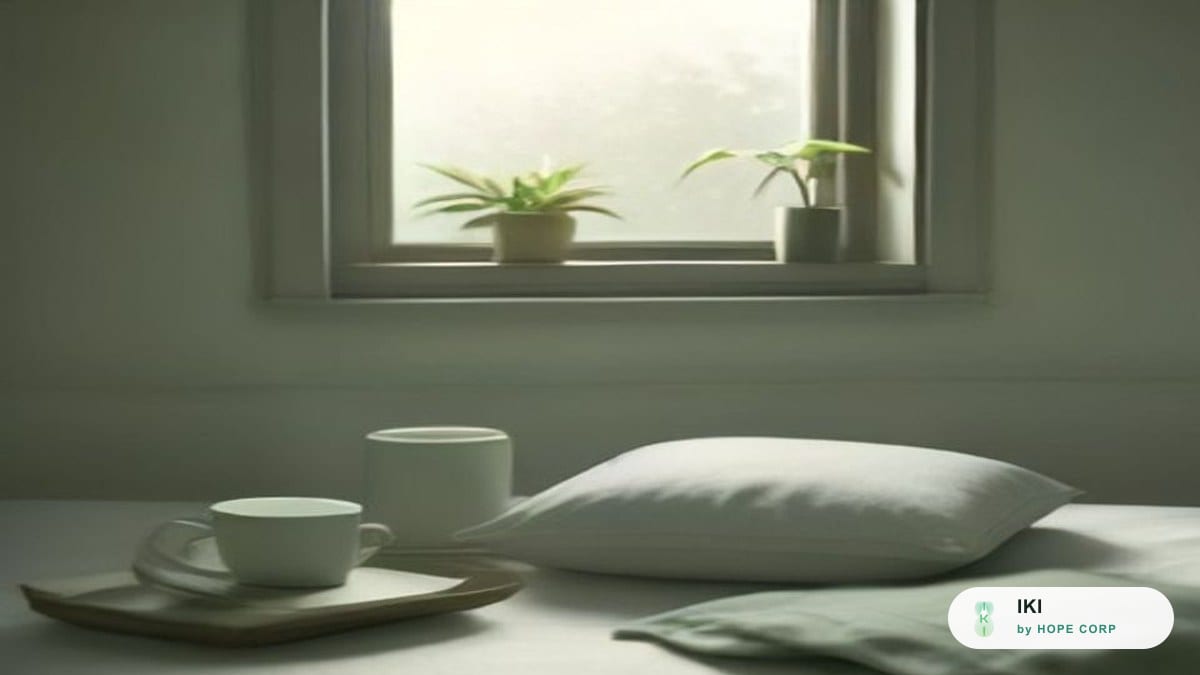Chiếc gối trắng và tách trà trên giường cạnh ô cửa sổ trong ánh sáng buổi sớm
