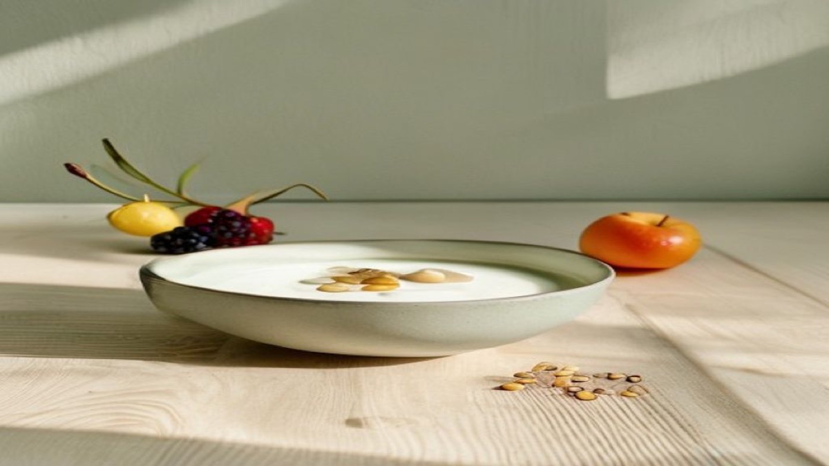 Bát sữa chua trắng với trái cây tươi và hạt trên bàn gỗ sáng