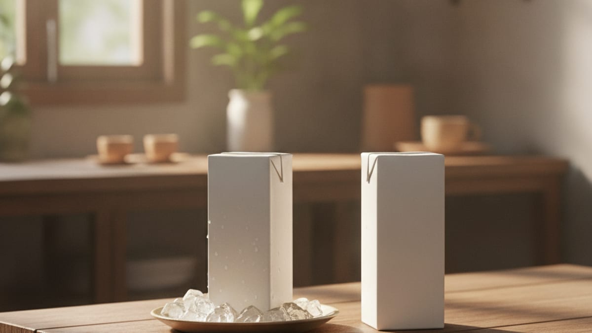 Hai loại hộp sữa đặt cạnh nhau trên bàn bếp gỗ, một hộp để trong khay đá lạnh và một hộp để bên ngoài, ánh sáng tự nhiên buổi sáng