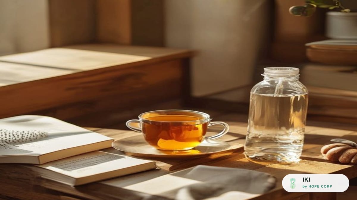 Tách trà thảo mộc ấm và chai nước bên bàn làm việc của giáo viên