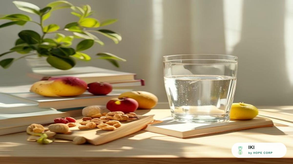 Bàn học gọn gàng với bữa phụ lành mạnh và ly nước cho mùa thi