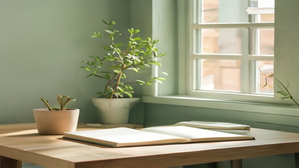 Góc làm việc gọn gàng tại nhà với bàn gỗ, cây xanh nhỏ và cửa sổ đón nắng