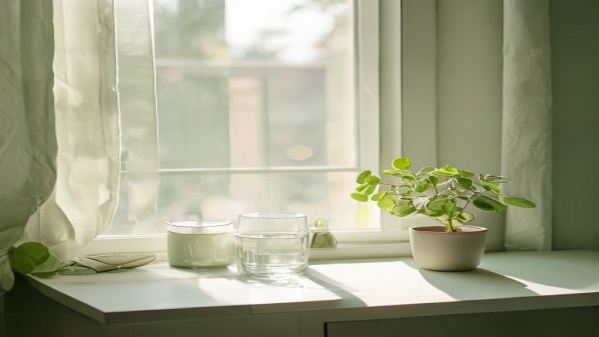 Góc bàn làm việc gọn gàng với cây xanh nhỏ và ly nước bên cửa sổ