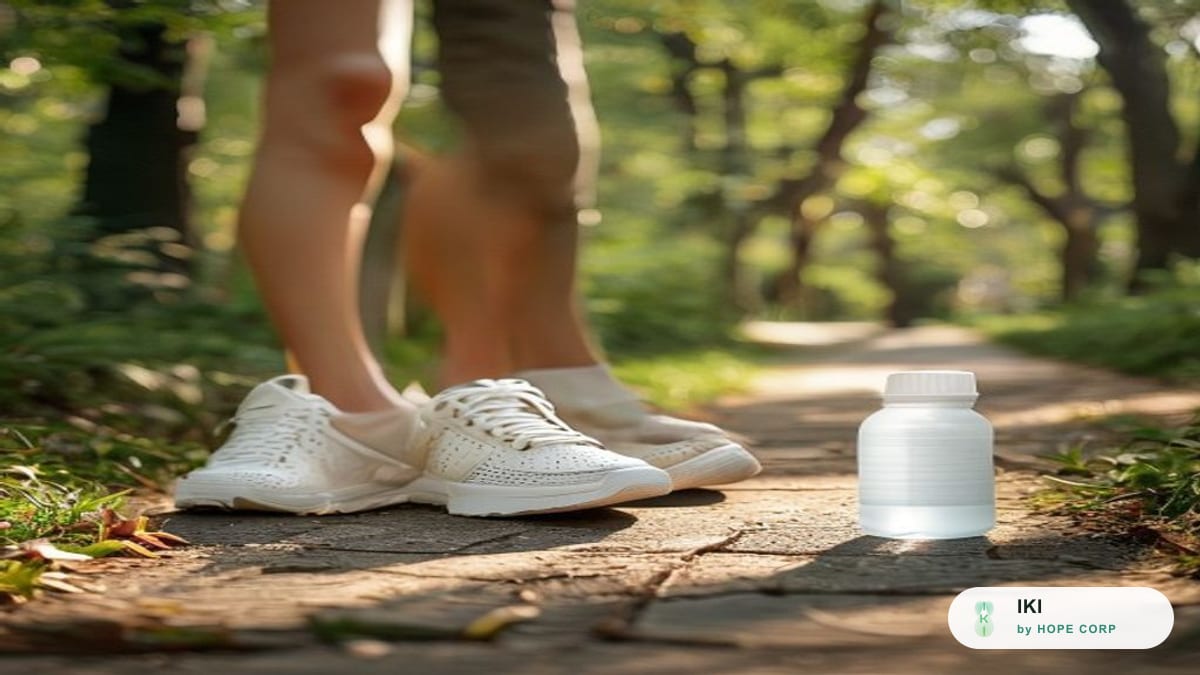 Giày đi bộ và chai nước bên lối đi trong công viên