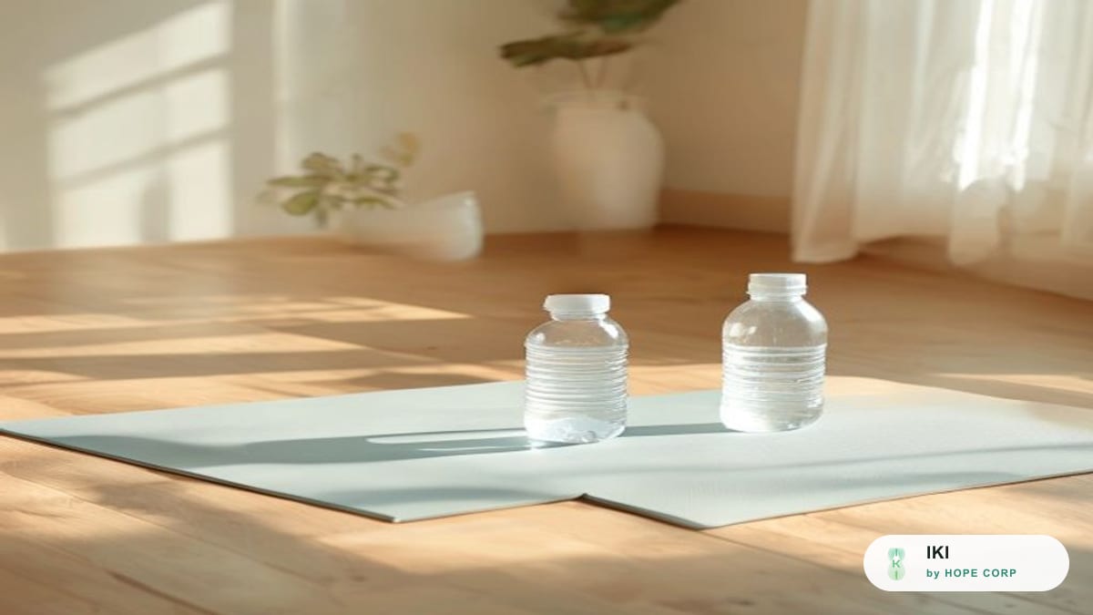Thảm tập và chai nước trong phòng sáng, vận động nhẹ nhàng