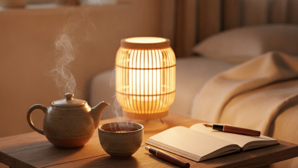 Góc bàn tối với ánh đèn ấm, một ấm trà nhỏ và cuốn sổ tay để cạnh nhau