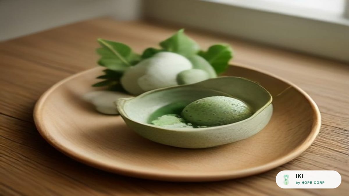 Rong biển khô, trứng và hũ muối i-ốt xếp trên mặt bàn gỗ sáng