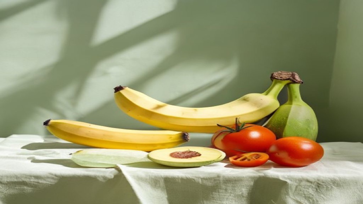Chuối, khoai lang, bơ và cà chua bày trên bàn gỗ