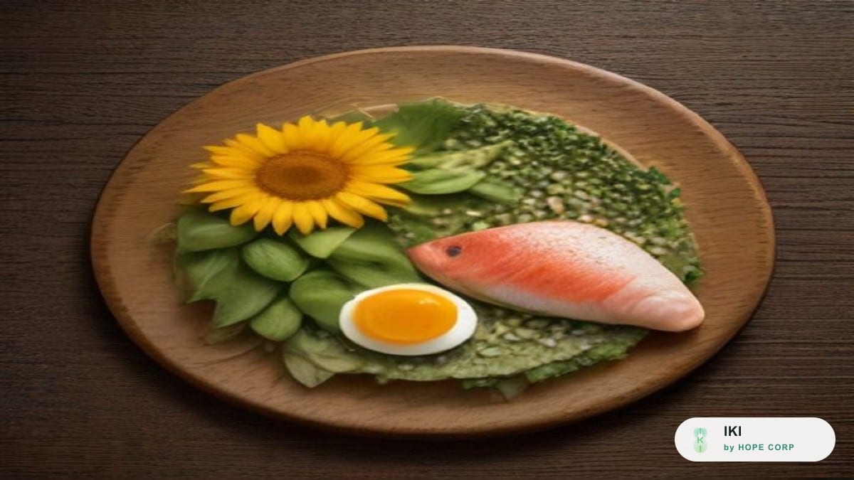 Các loại hạt, cá và trứng bày trên khay gỗ trong ánh sáng tự nhiên dịu