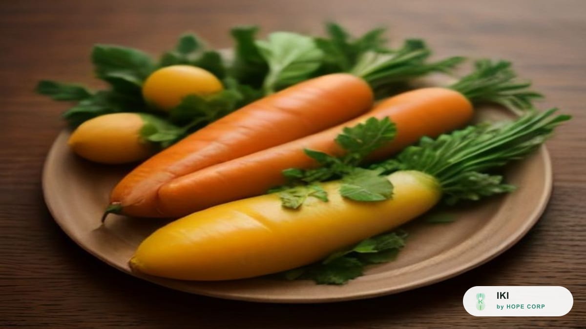 Cà rốt, khoai lang, bí đỏ và rau lá xanh đậm xếp trên mặt bàn gỗ