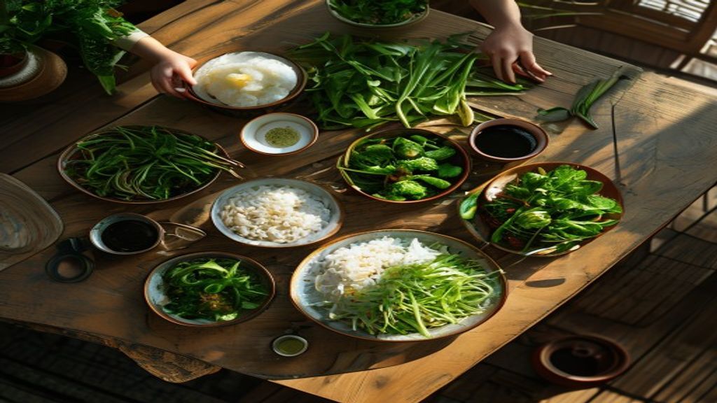 Mâm cơm Việt giản dị với dưa cải muối, cà pháo và chén mắm bên cạnh cơm trắng và rau xanh
