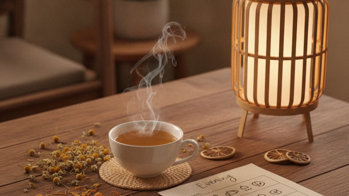 Bàn gỗ buổi tối với tách trà thảo mộc ấm, bên cạnh bảng ghi nhóm trà không caffeine và lịch mốc giờ uống