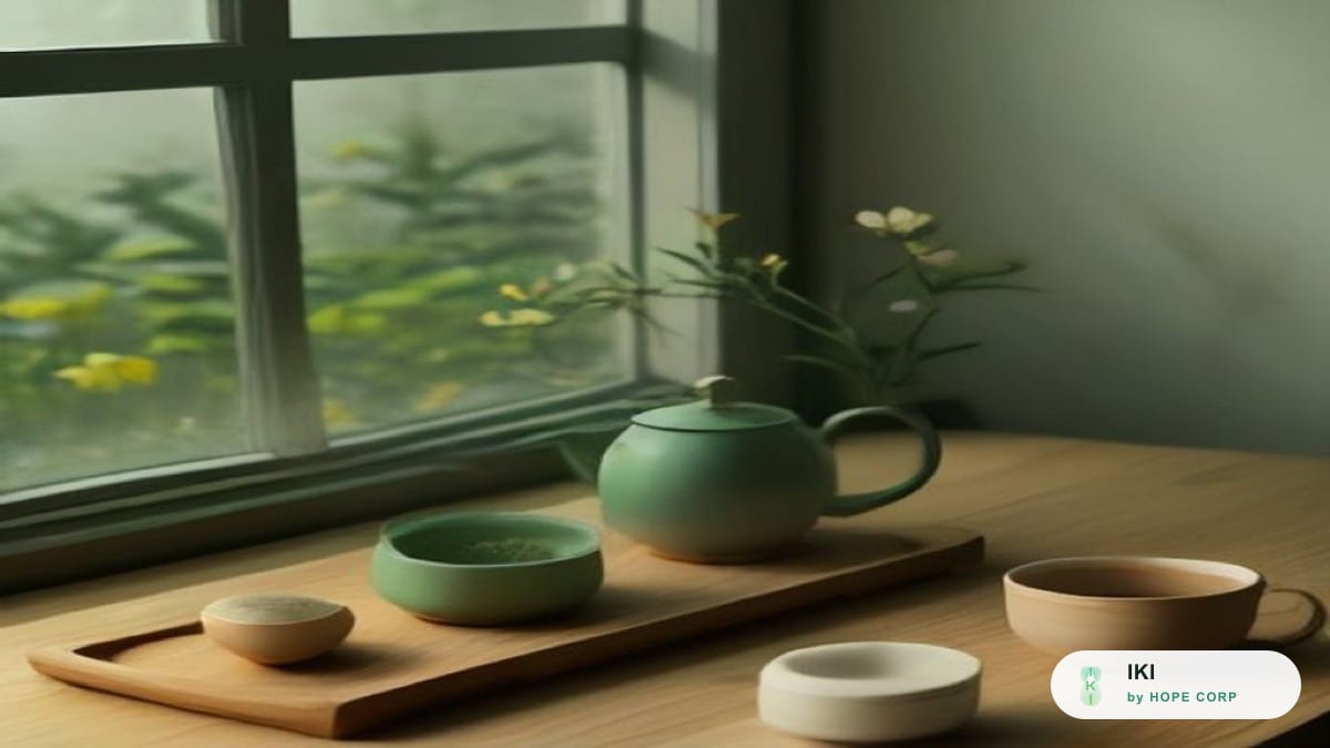 Khay trà thảo mộc buổi chiều tối bên cửa sổ