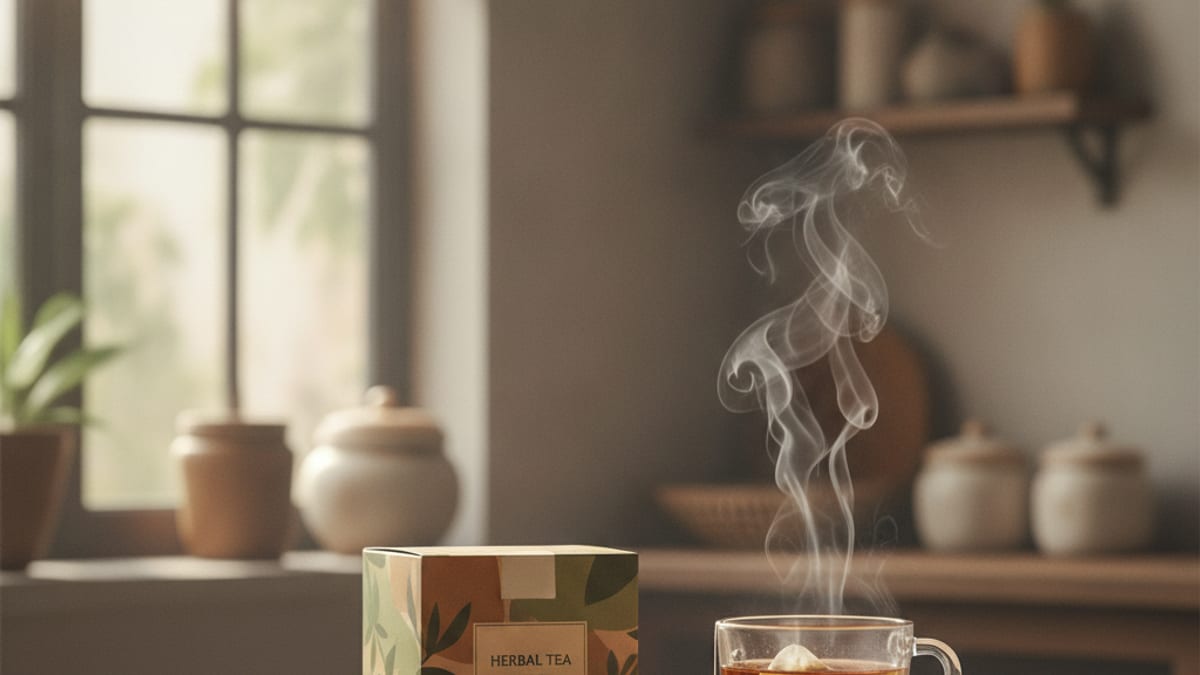 Hộp trà Tuệ Minh đặt cạnh tách nước nóng có túi lọc đang hãm và bảng thông tin nhanh về quy cách, cách pha, thời điểm uống