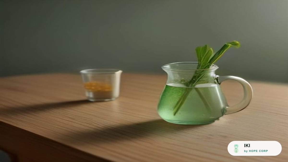 Cốc nước hãm thảo mộc ấm nhạt màu đặt cạnh bình nước lọc trên bàn ăn gia đình
