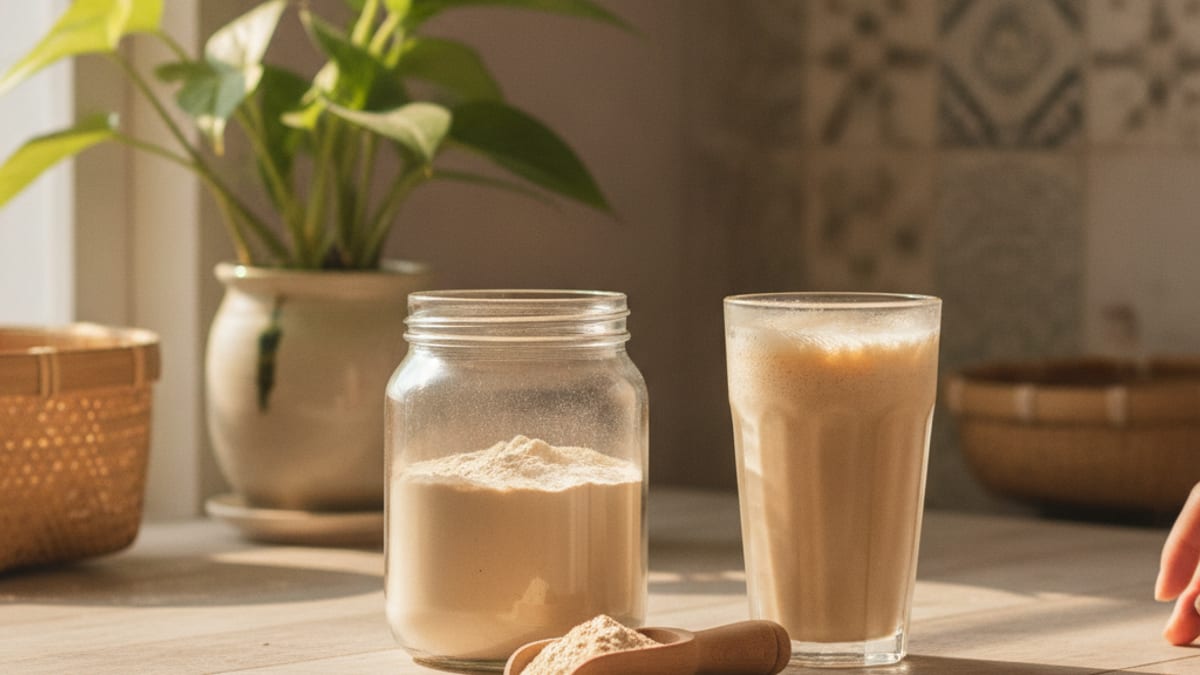 Hộp bột đạm thực vật True Vegan Protein Pro đặt trên mặt bàn bếp gỗ cạnh ly đạm đã pha và muỗng đong