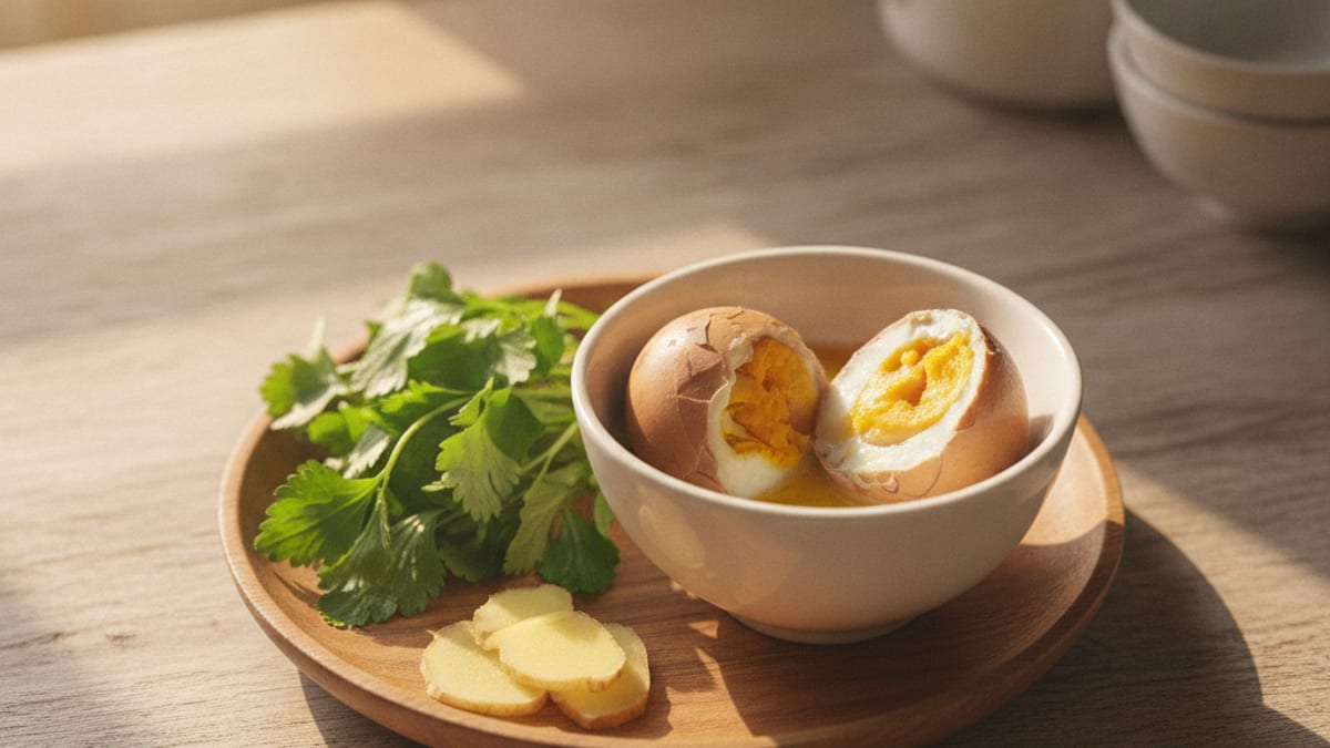Một đĩa trứng vịt lộn luộc nóng ăn kèm rau răm và gừng thái sợi trên bàn ăn gia đình Việt