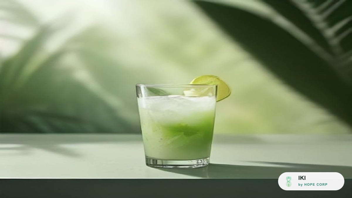 Nước dừa tươi rót vào ly thuỷ tinh bên quả dừa xanh bổ đôi