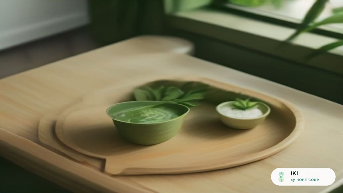 Ấm đất và chén nước hãm màu nhạt bên cạnh lá đinh lăng tươi trên khay tre
