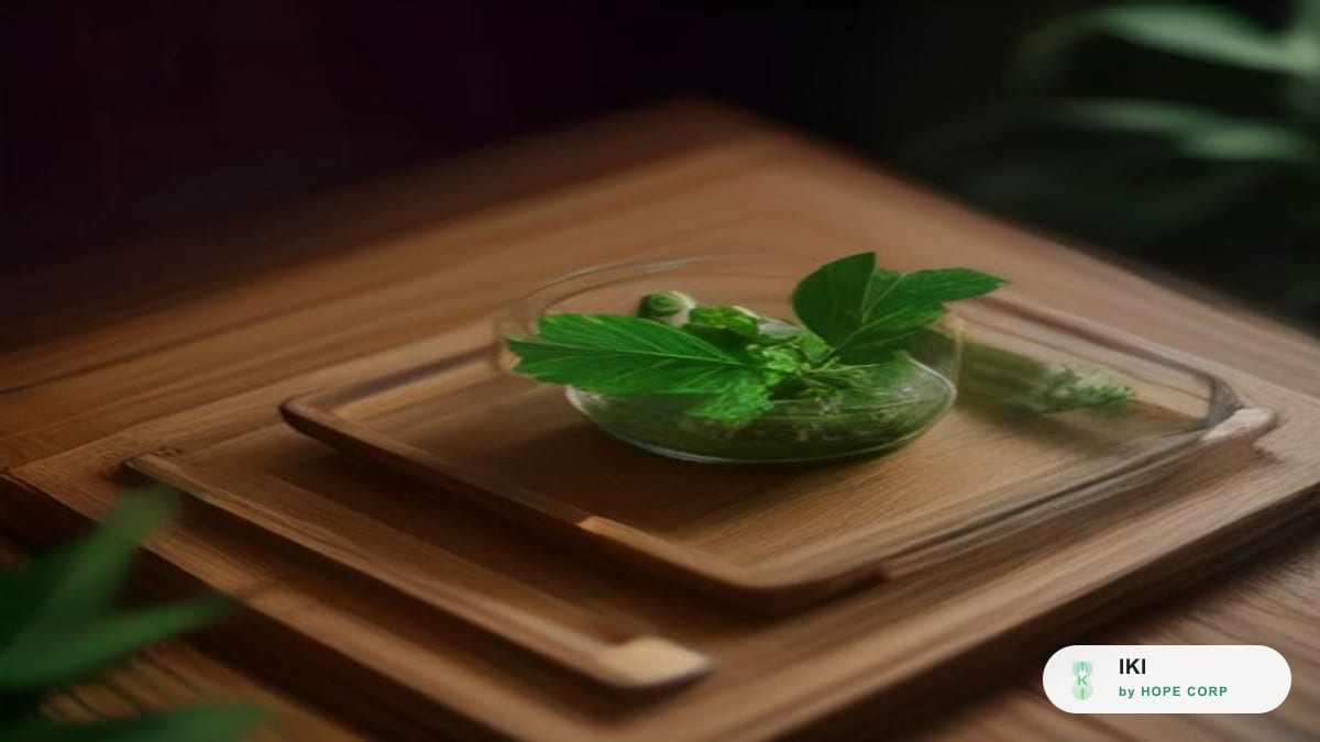 Lá tía tô tươi bày cạnh ly nước lá tía tô ấm màu hồng nhạt trên khay gỗ
