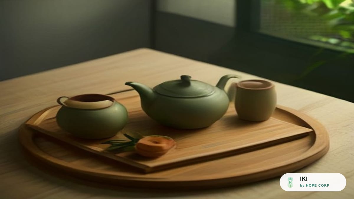 Ấm đất và ly nước lá vối màu hổ phách bên khay tre