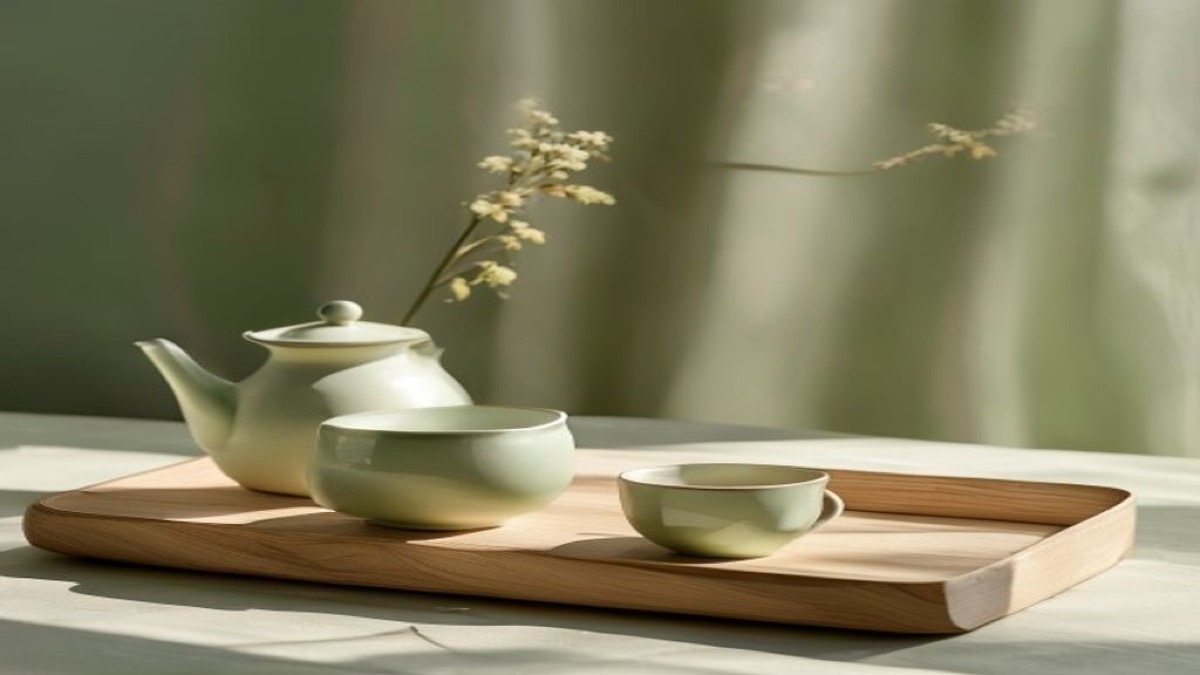 Ấm trà và chén trà nóng đặt trên khay gỗ cạnh cửa sổ sáng dịu