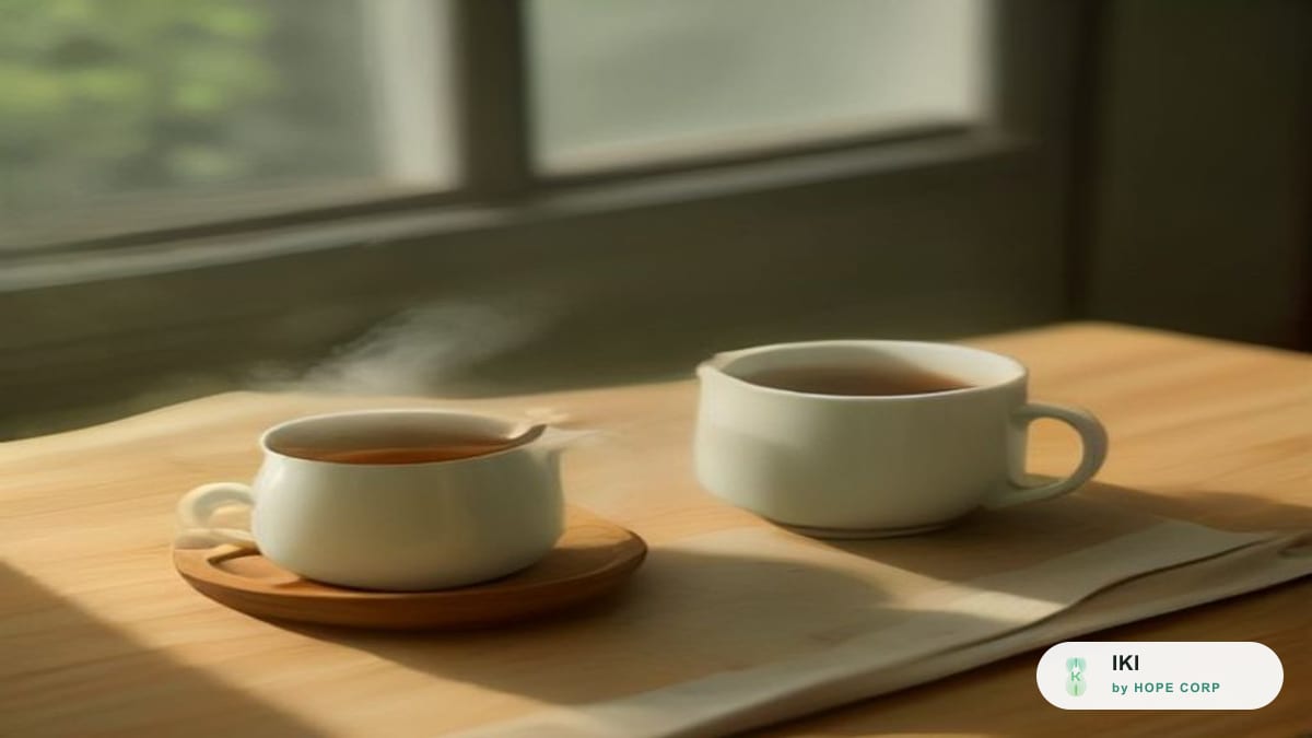 Một tách trà ấm đặt cạnh đĩa bánh nhỏ trên bàn gỗ buổi sáng