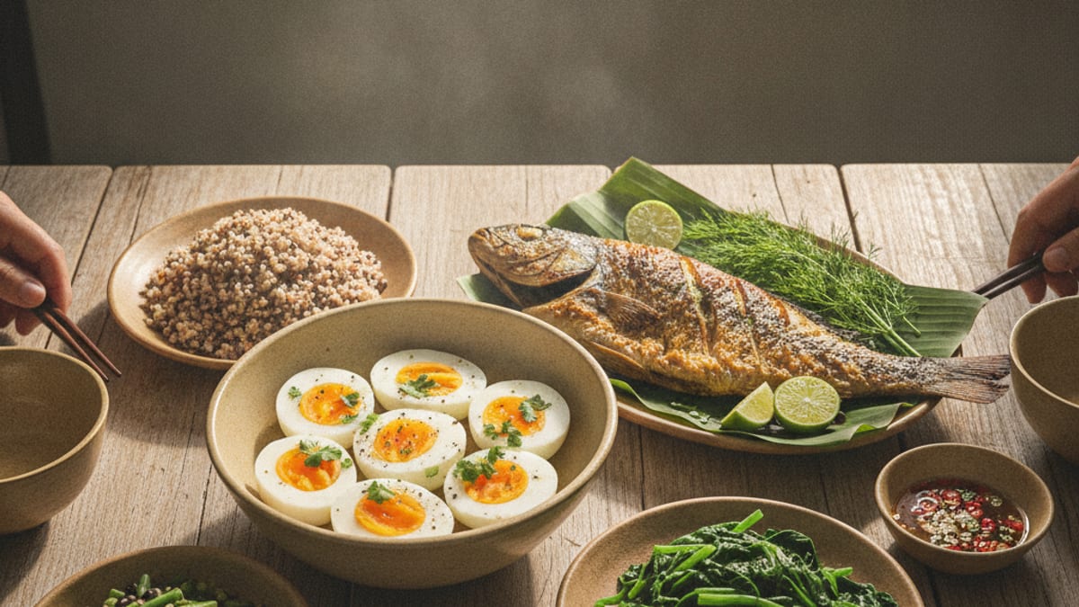 Mâm cơm Việt với trứng, cá, đậu và rau lá xanh đặt trên bàn gỗ dưới ánh nắng tự nhiên