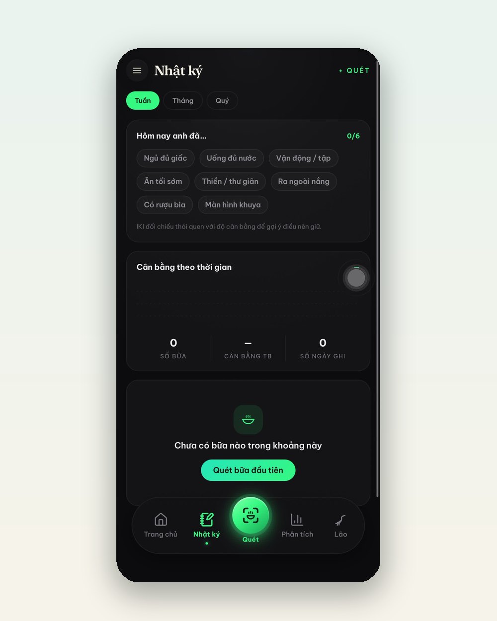 Tab Nhật ký của App IKI: dàn ô chạm nhanh — ngủ đủ giấc, uống đủ nước, vận động, ăn tối sớm, thiền thư giãn, ra ngoài nắng, có rượu bia, màn hình khuya