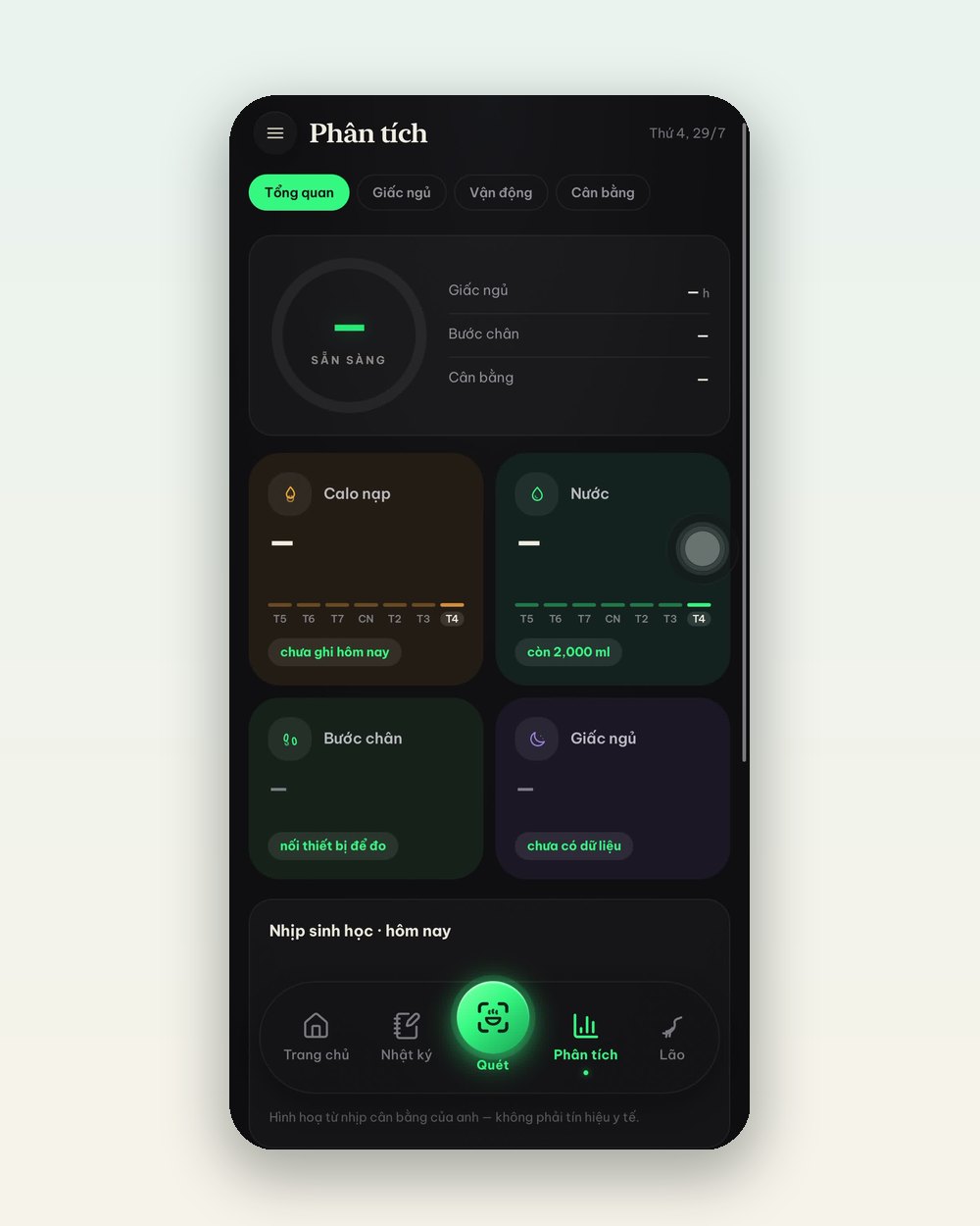 Tab Phân tích của App IKI: vòng trạng thái sẵn sàng, thẻ calo nạp, nước còn thiếu trong ngày, bước chân và giấc ngủ theo từng ngày trong tuần