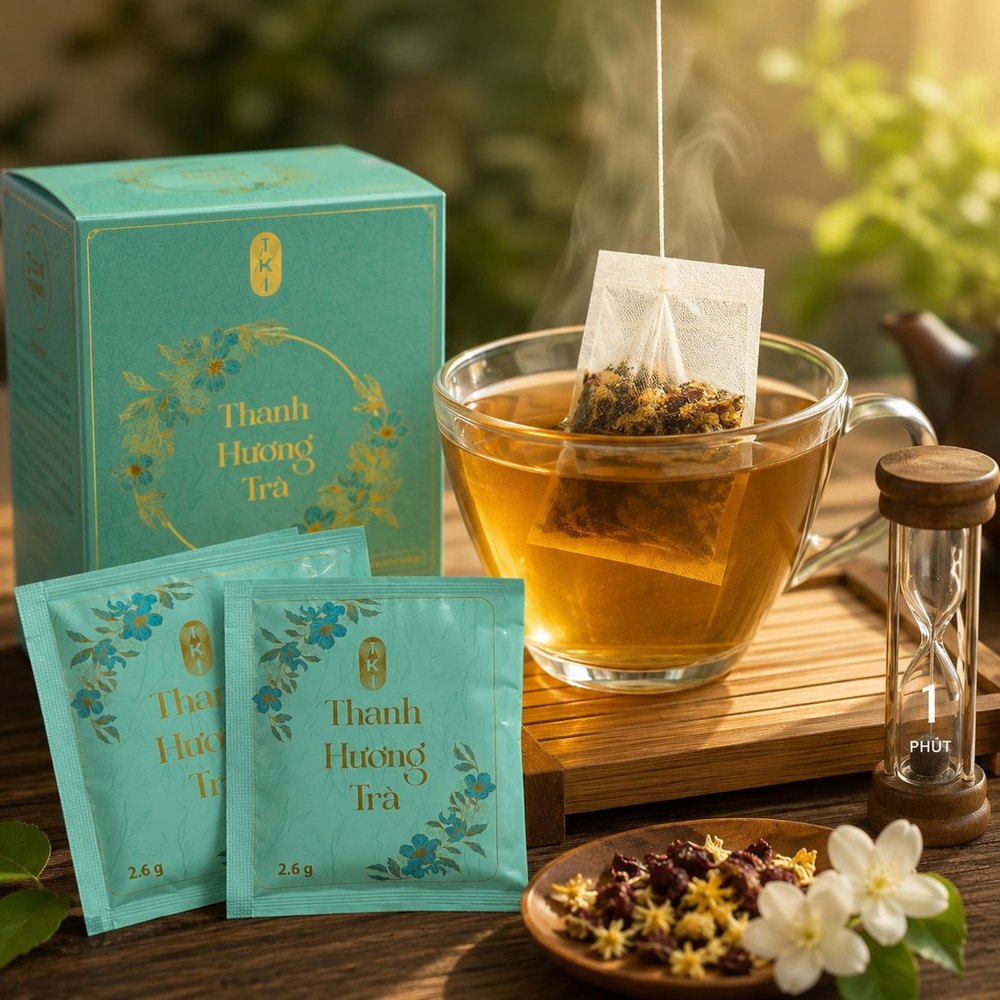 Hộp Trà Thanh Hương trà thảo mộc túi lọc của IKI cùng tách trà và túi lọc