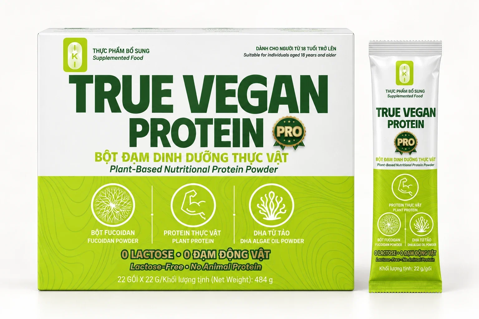 Hộp True Vegan Protein Pro 22 gói x 22 g cạnh một gói, bột đạm dinh dưỡng thực vật của IKI