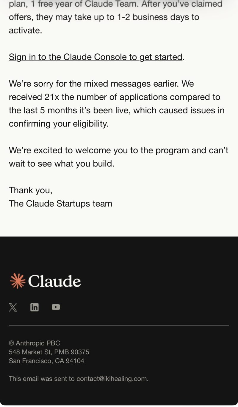 Thư xác nhận tham gia chương trình Claude Startups, phần cuối