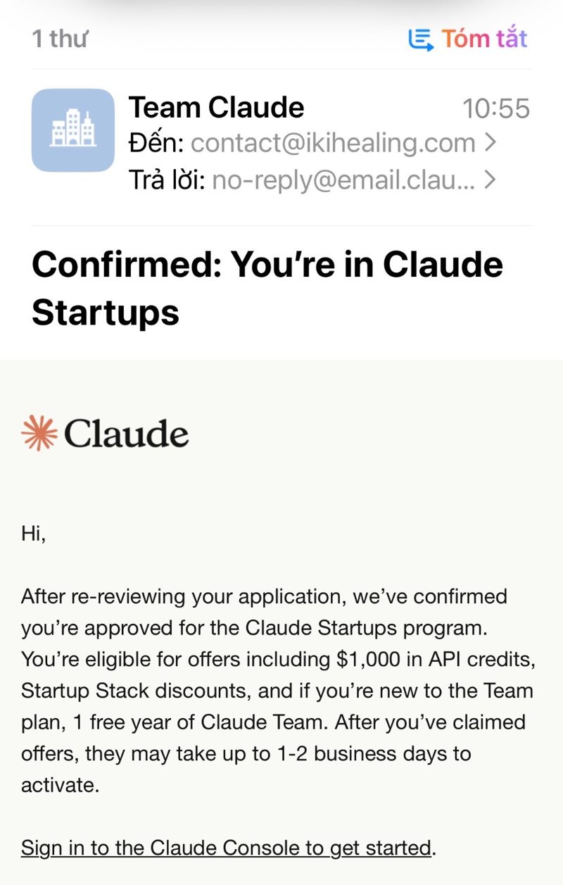 Thư xác nhận tham gia chương trình Claude Startups, phần đầu